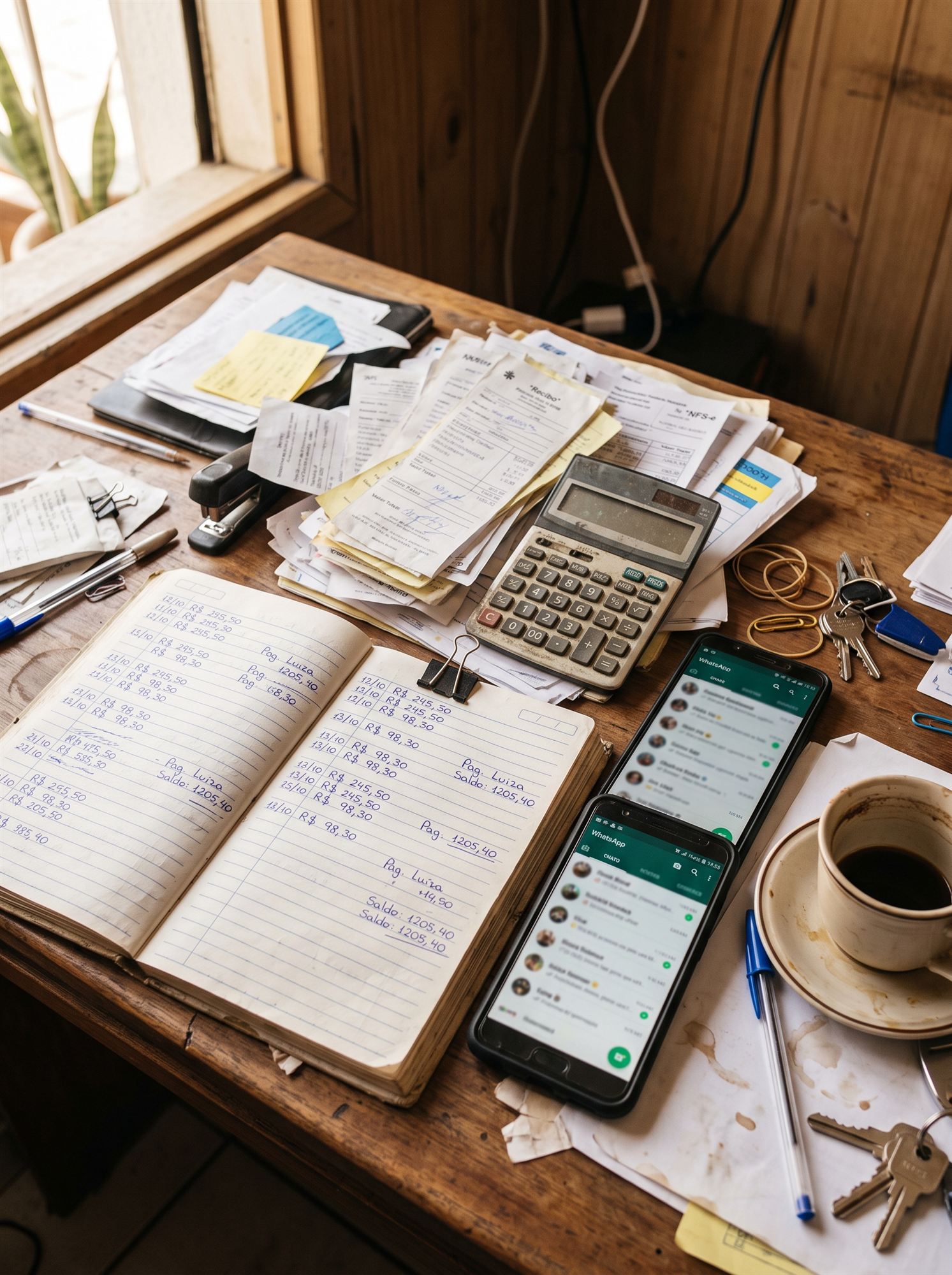 Mesa com caderno de contas anotado à mão, pilha de recibos, calculadora e celulares com WhatsApp aberto