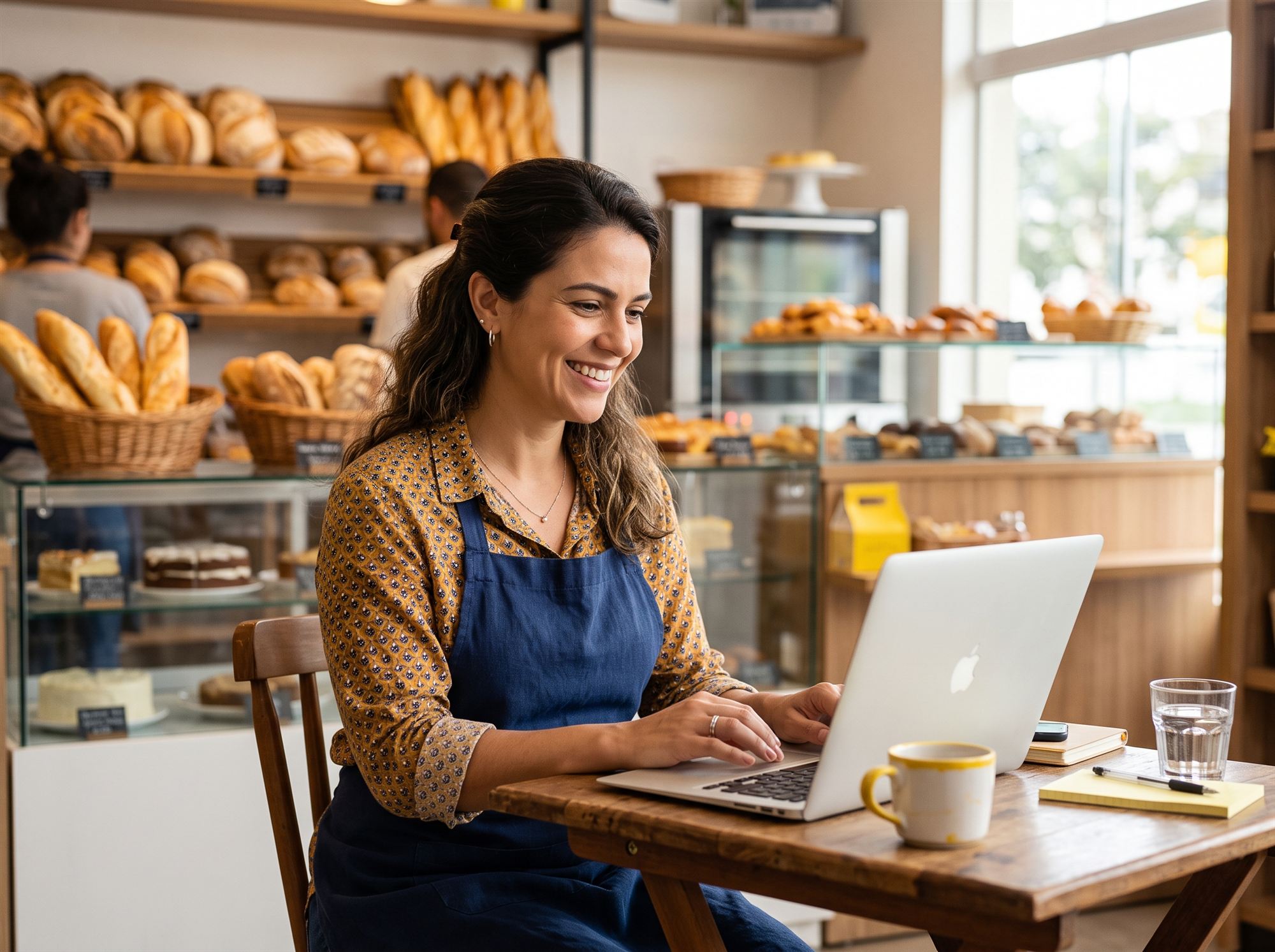 Dona de padaria acompanha os números da empresa no notebook