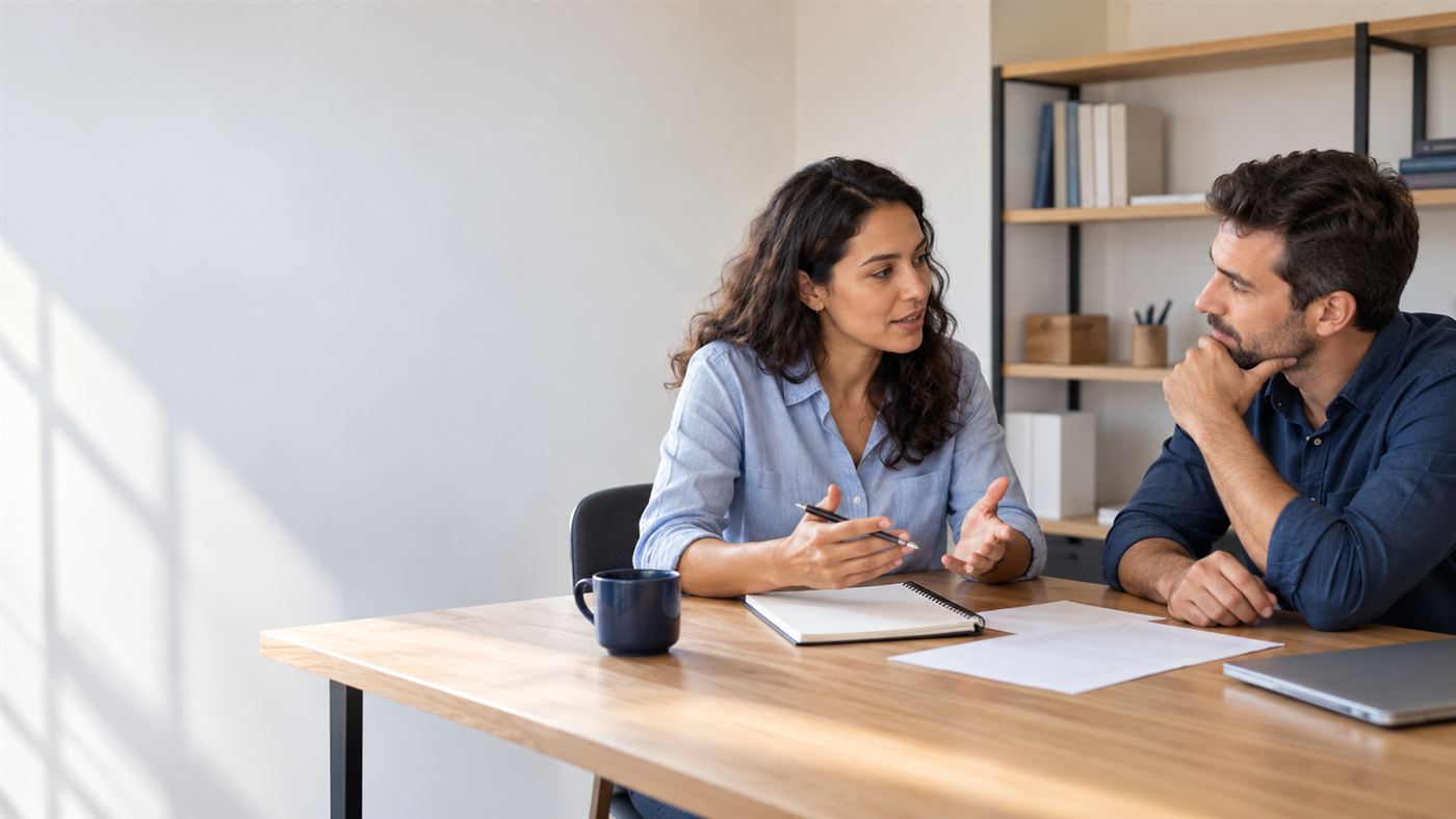 Conversa sobre gestão e processos em volta de uma mesa